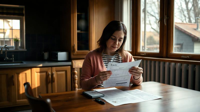 Woman reading an energy bill at a kitchen table