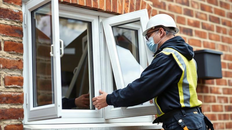 Window fitter installing a new double-glazed window in a UK brick house