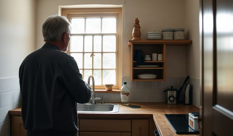 Homeowner checking an old single-glazed window with condensation in a UK terraced house