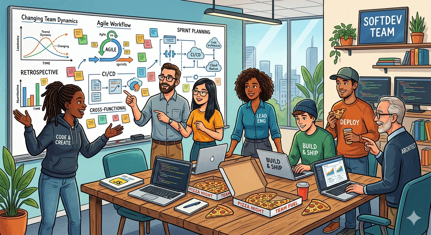 A modern software engineering team — engineers, designers, leads, and architects collaborating around the work, only some of which is code.