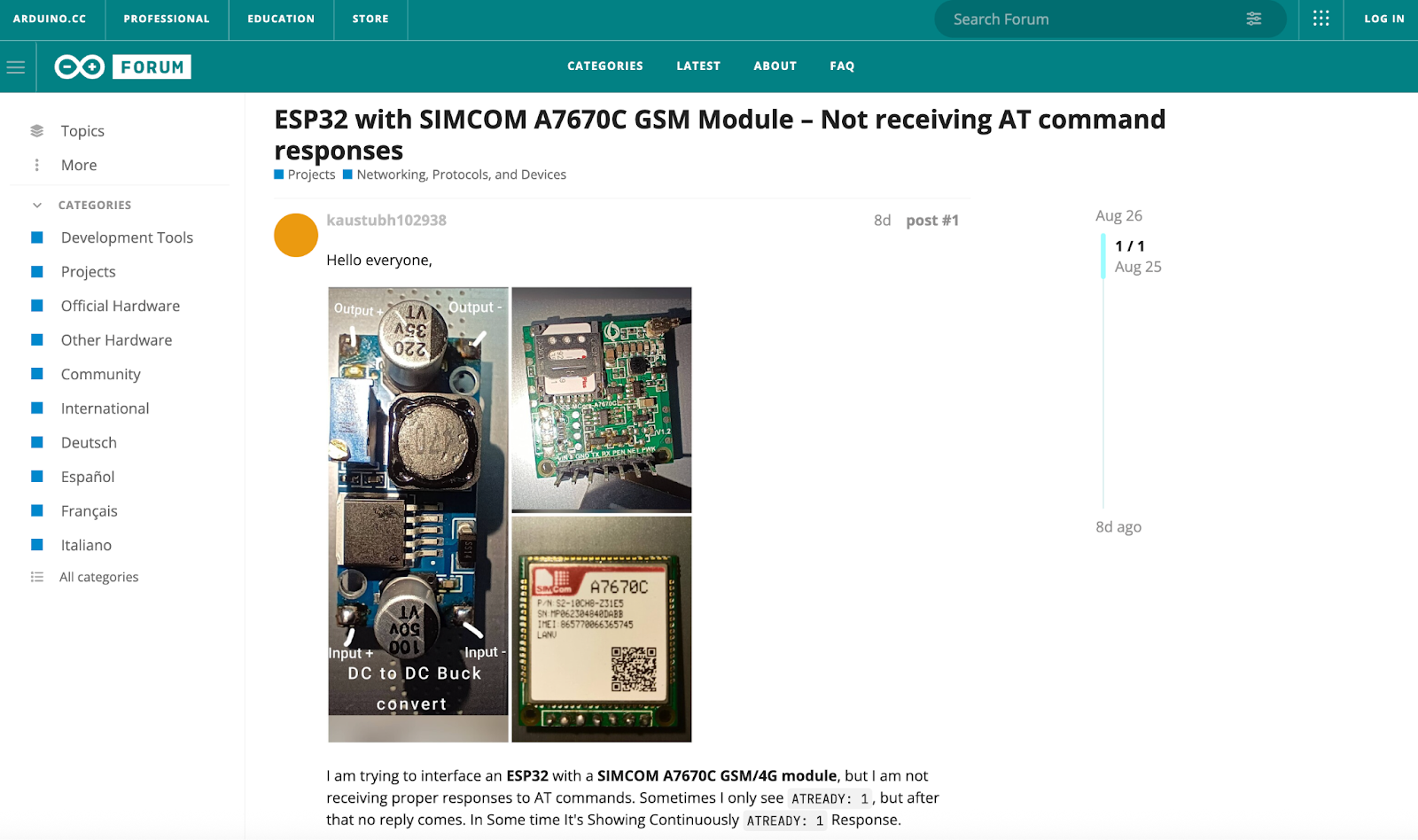 Screenshot of the Arduino forum