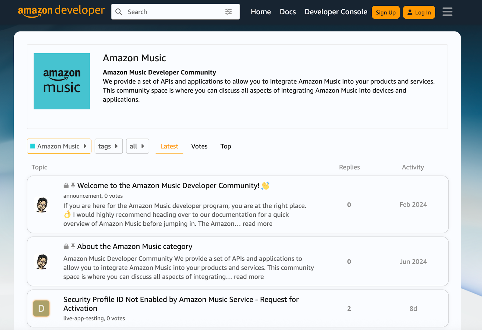 screenshot of amazon developer community