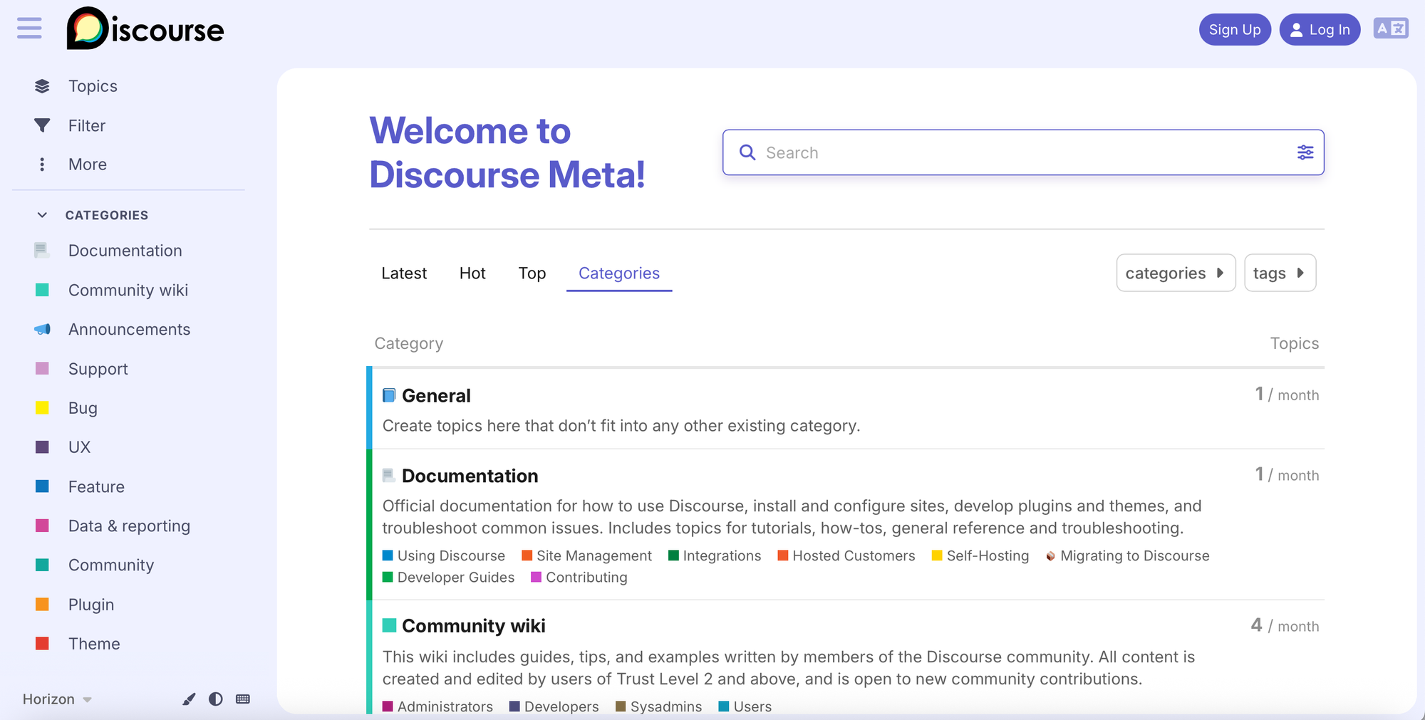 screen shot of Discourse's support community. Welcome to Discourse Meta!