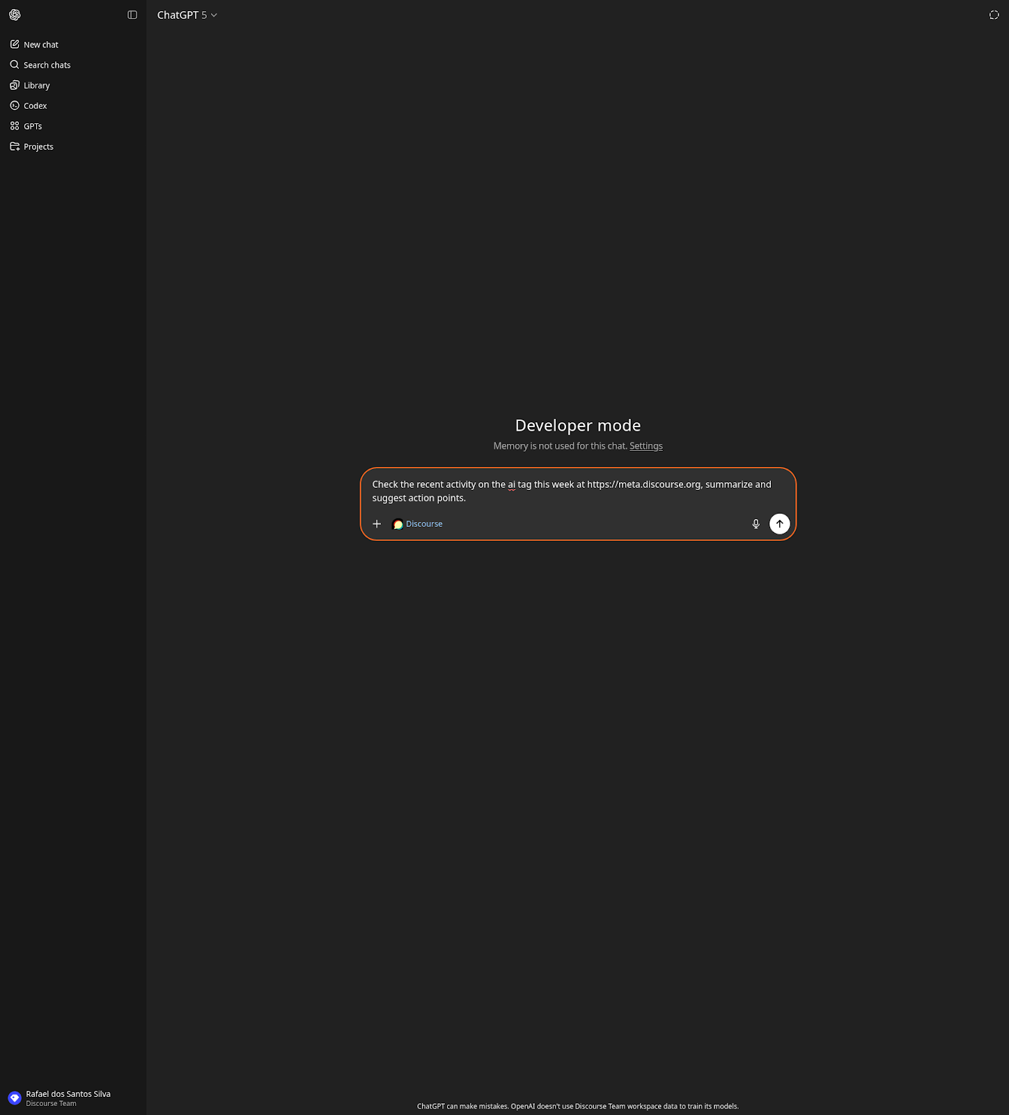 Screenshot of Discourse MCP on ChatGPT - part 1