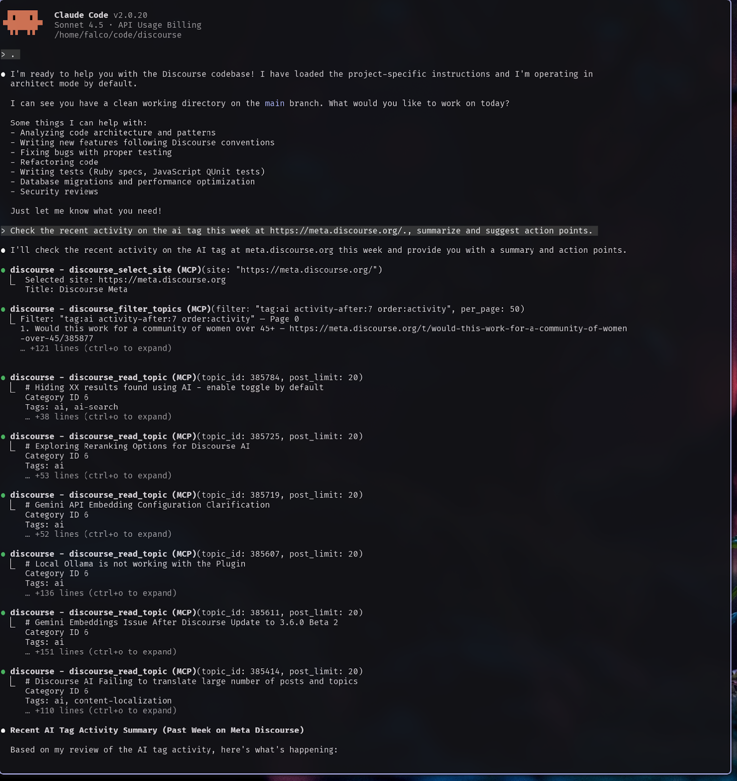 Screenshot of Discourse MCP on Claude Code