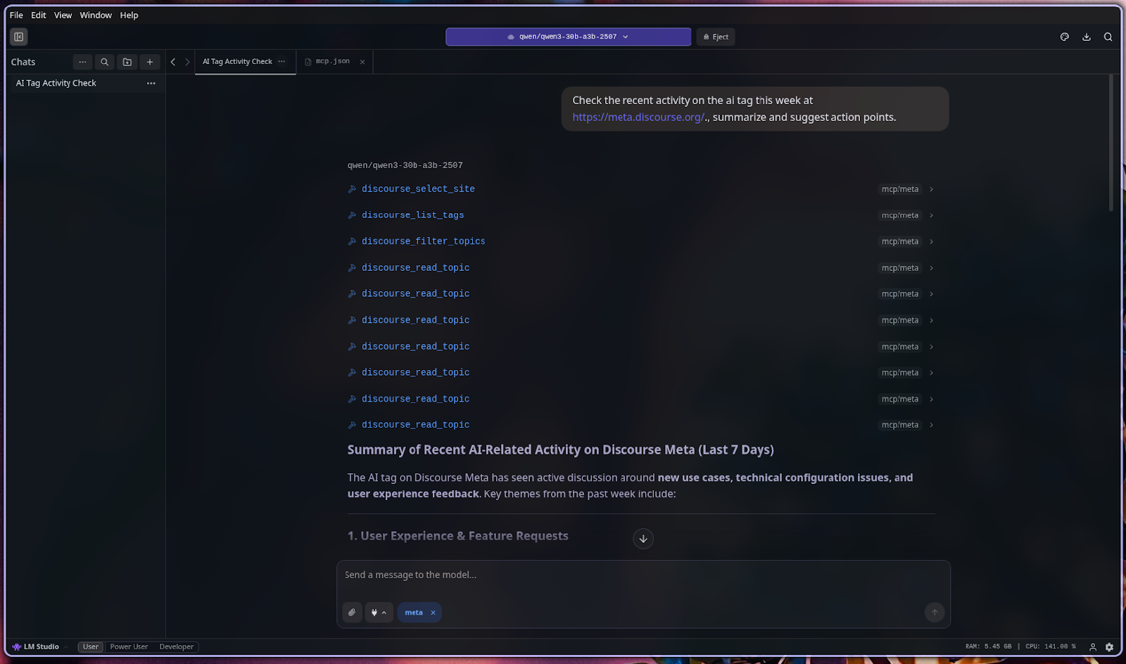 Screenshot of Discourse MCP on LMStudio, using a Qwen 3 30BA3B as the local model