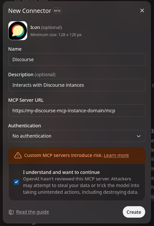 Screenshot of creating a new connector for Discourse MCP on ChatGPT