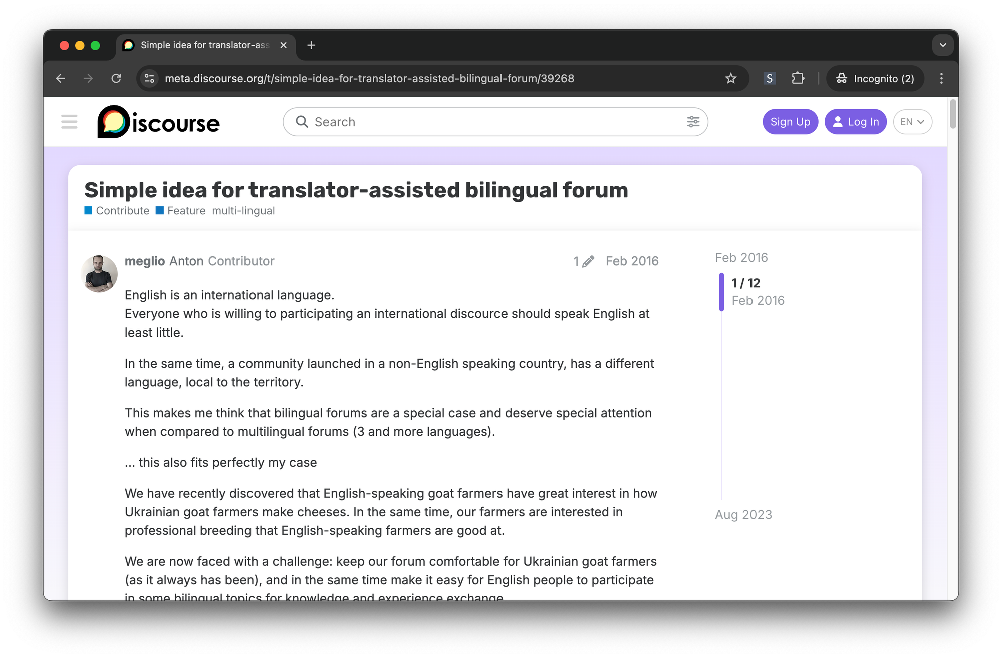 Topic on meta.discourse.org about a bilingual forum for goat farmers