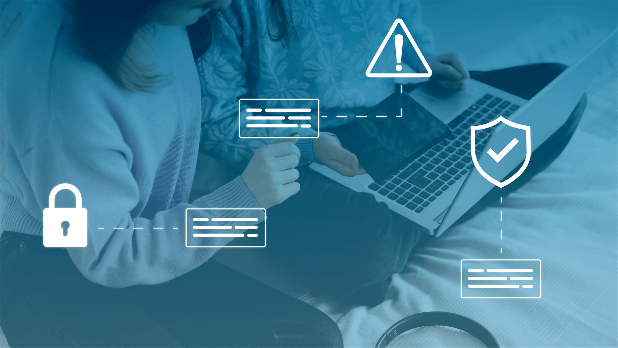 Safety icons: a badge with a check, a lock with a line to a message screen overlaid on an image of two people online. 