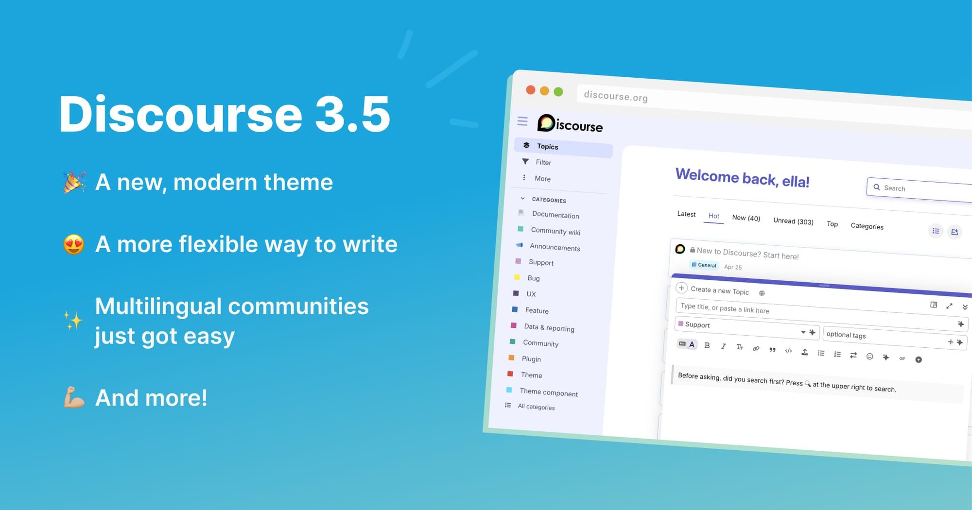 Discourse 3.5 A new modern theme, a more flexible way to write multilingual communities just got easy and more! A screenshot of the Horizon theme