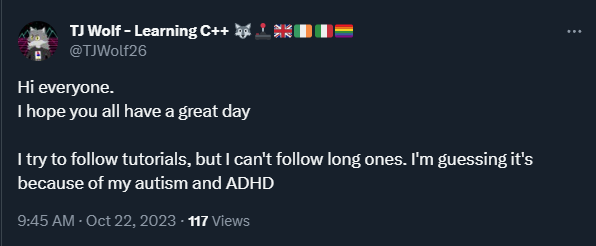 Tweet saying "I try to follow tutorials but I can't follow long ones"