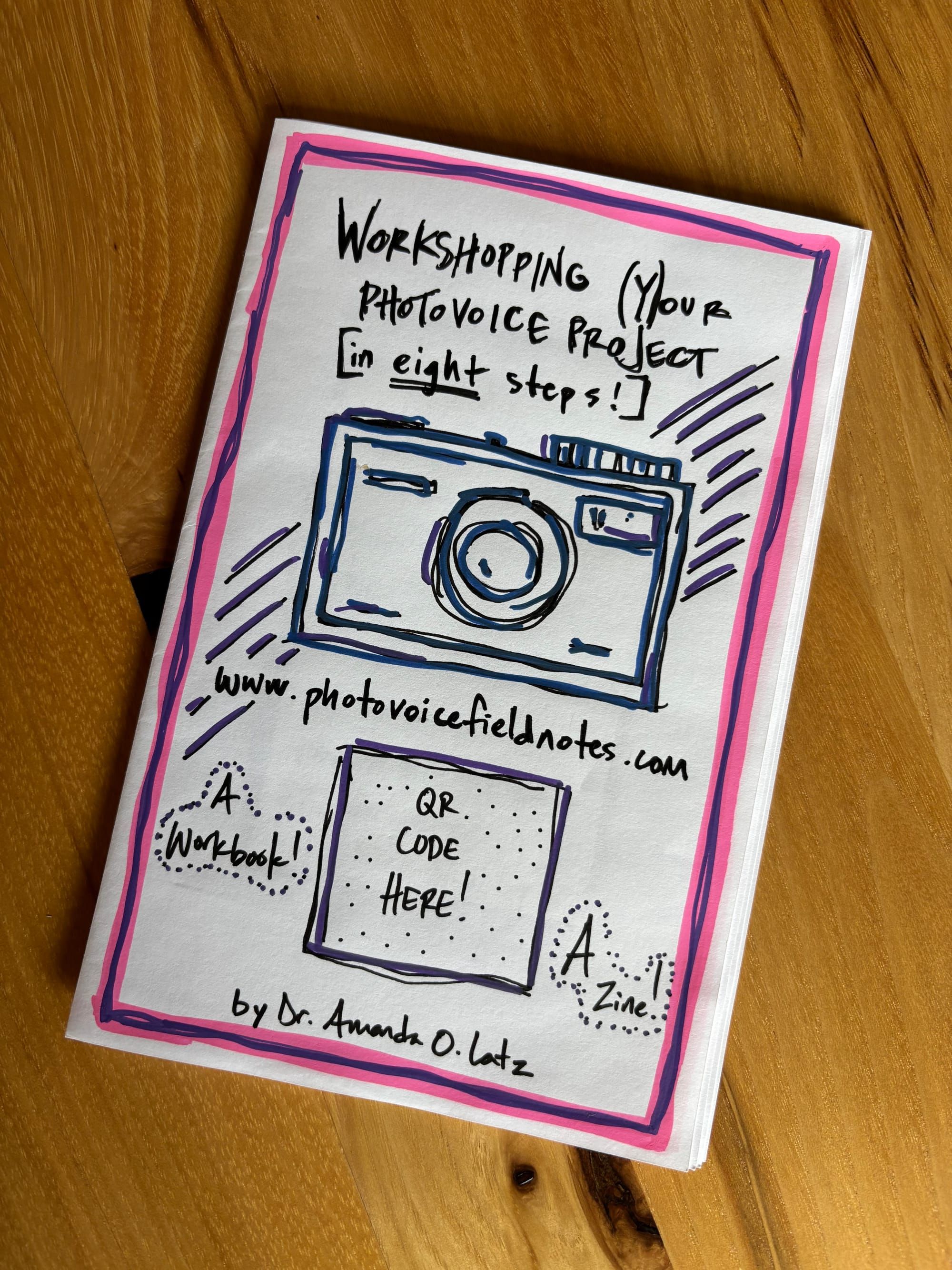 prototype of a drawn zine cover that states Workshopping (Y)our Photovoice Project [in eight steps!] by Dr. Amanda O. Latz