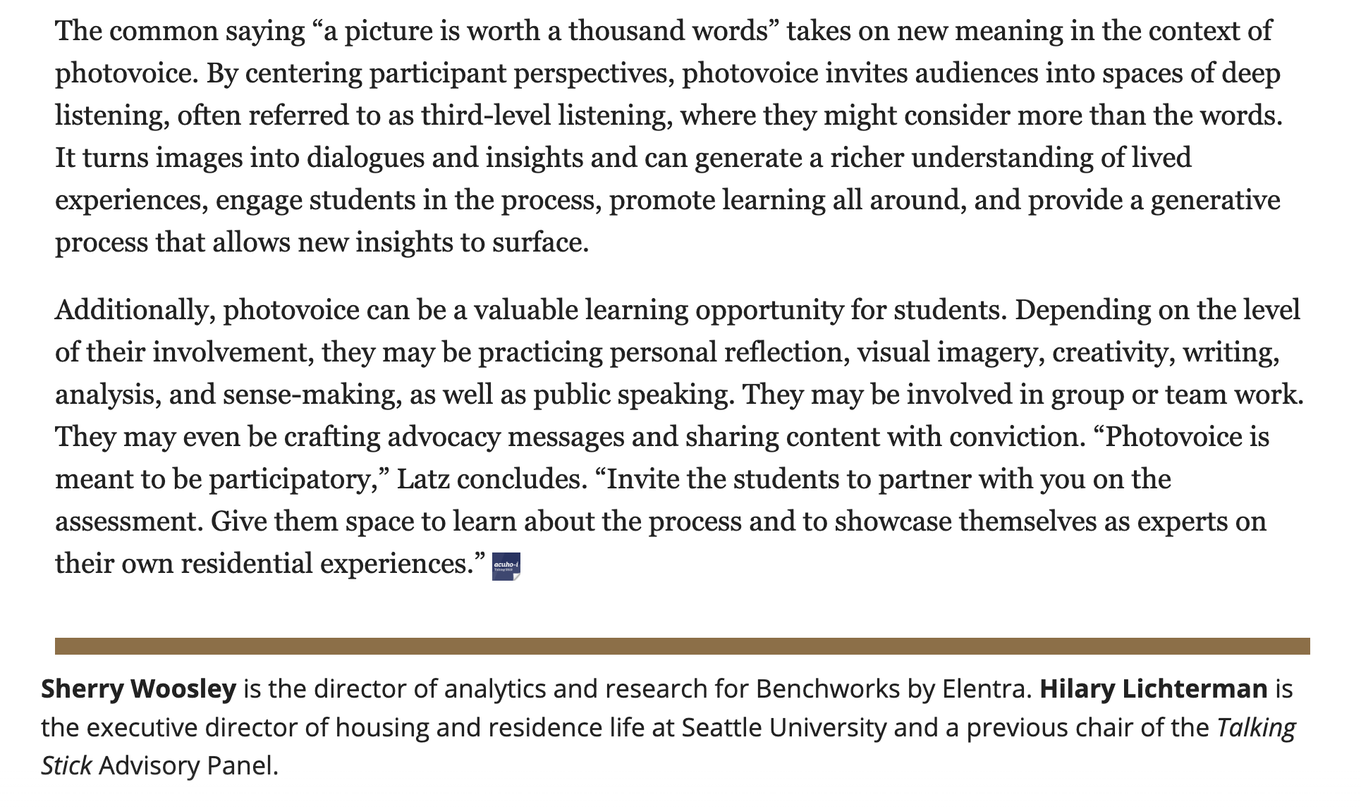 screenshot of a photovoice-related article from Talking Stick, published by the Association of College & University Housing Officers-International