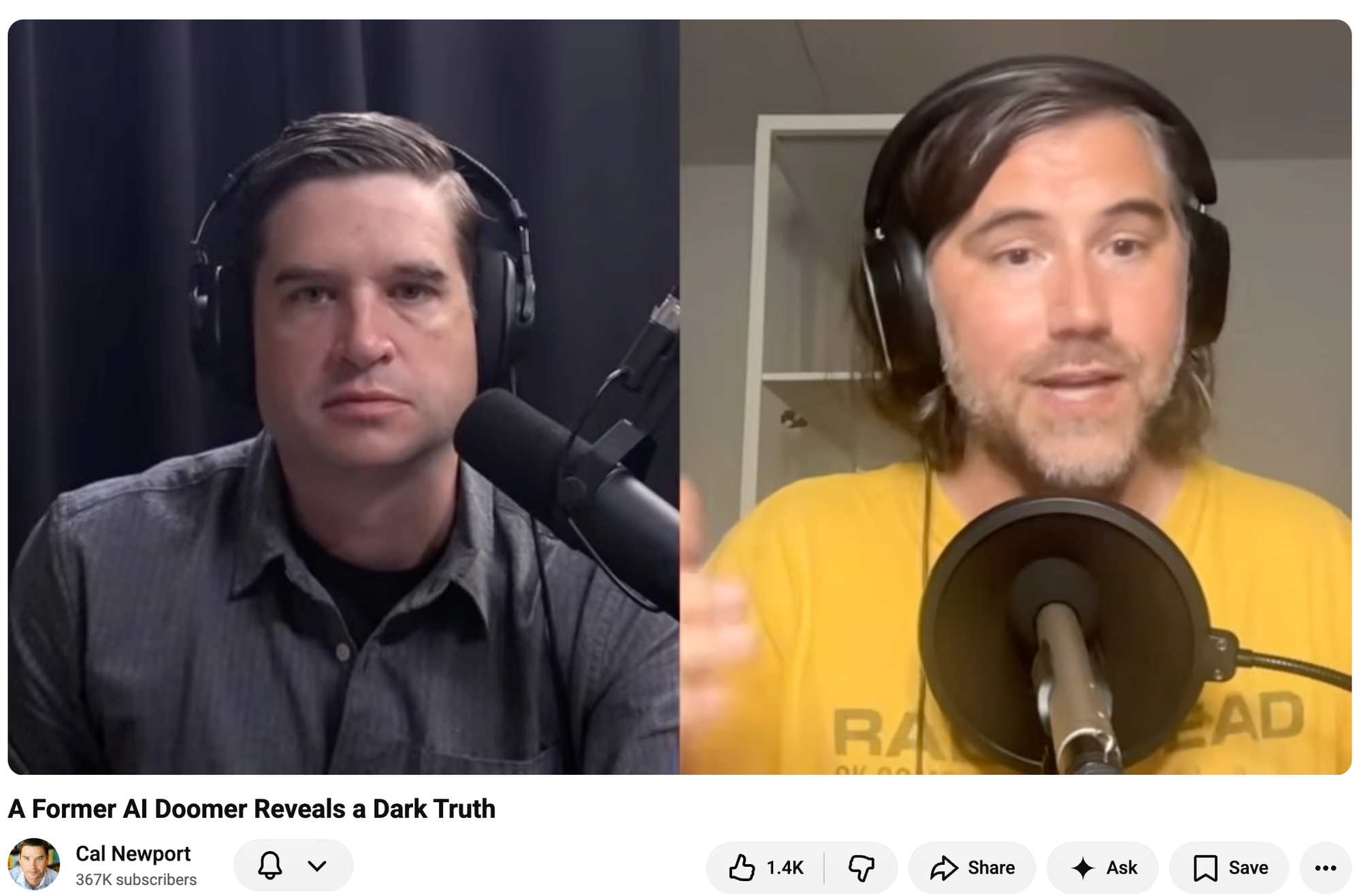 screenshot of YouTube featuring images of Cal Newport and Émile Torres