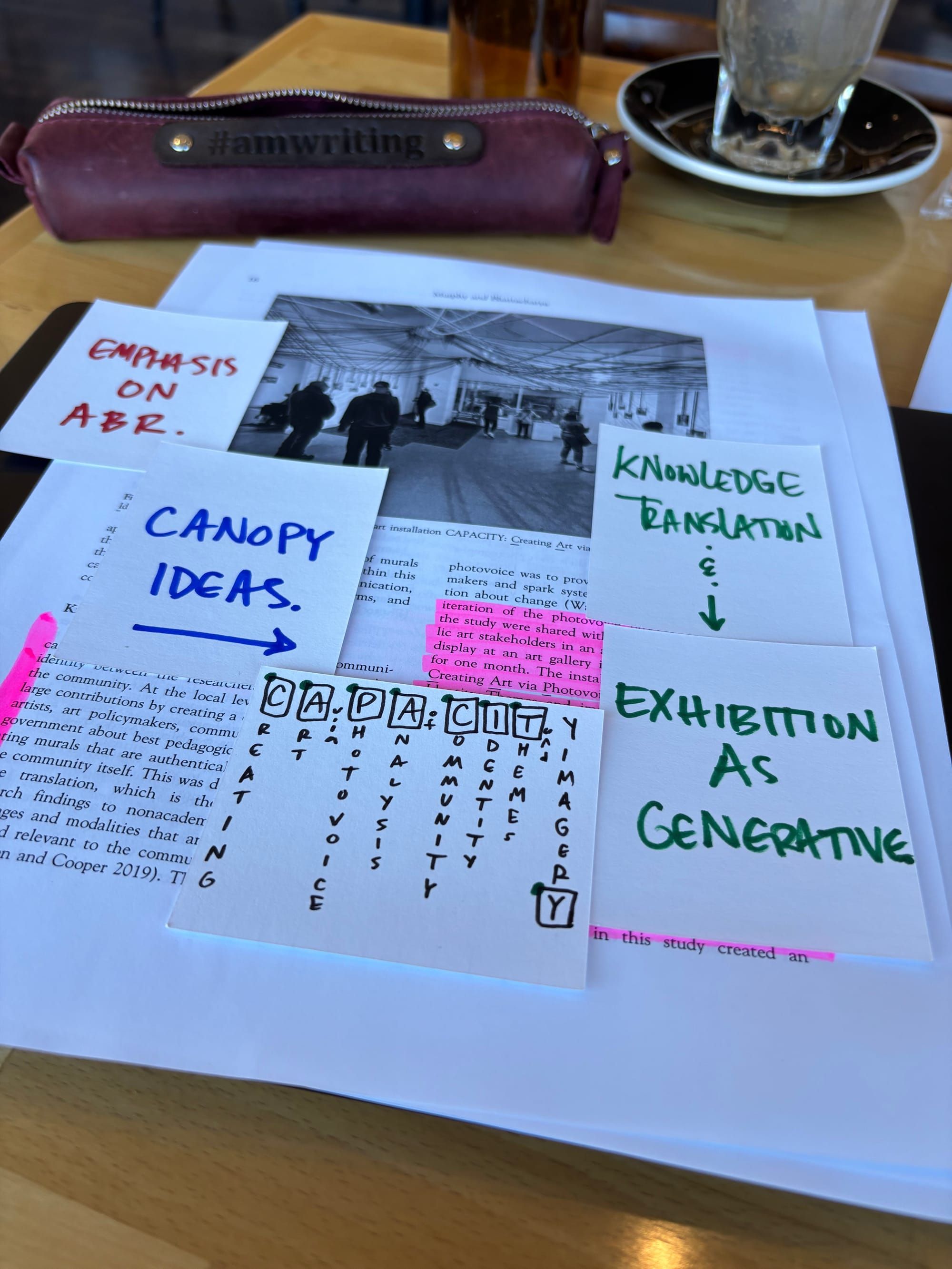 five half index cards with the four notes written on them sitting atop a highlighted page of the featured journal article