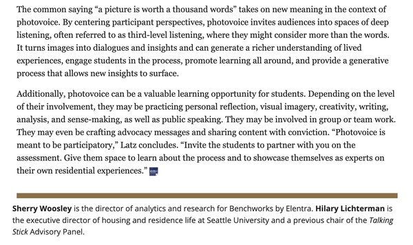 screenshot of a photovoice-related article from Talking Stick, published by the Association of College & University Housing Officers-International