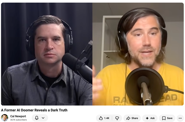 screenshot of YouTube featuring images of Cal Newport and Émile Torres