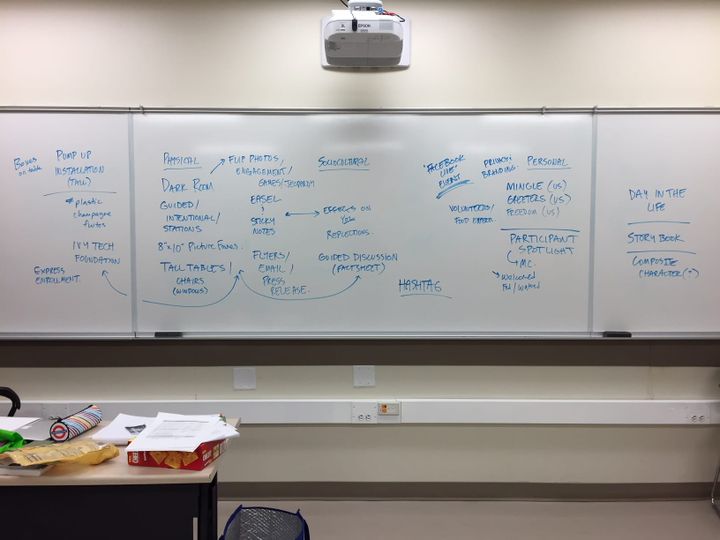 white board at the front of a classroom with words scrawled in blue indicating a photovoice exhibition brainstorming session