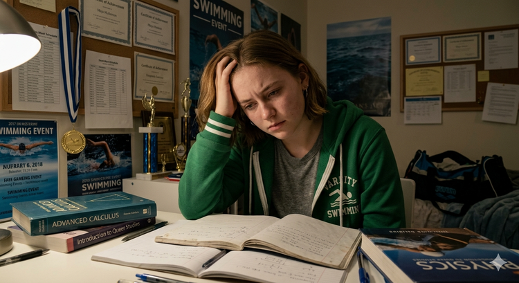 high school girl sitting at a desk surrounded by notes, books, and swimming accolades