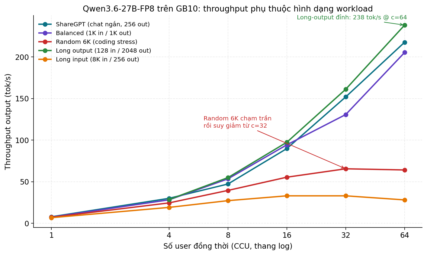 Throughput của Qwen3.6-FP8 trên 5 workload khác nhau - cùng phần cứng, kết quả chênh nhau 7x