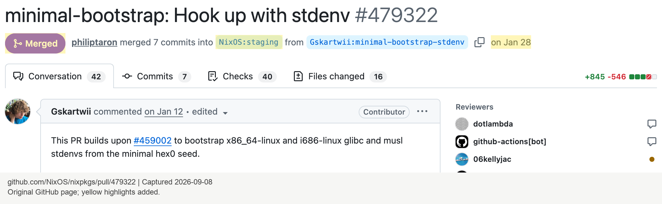 Ảnh chụp GitHub PR 479322, highlight trạng thái Merged, nhánh NixOS staging và ngày Jan 28