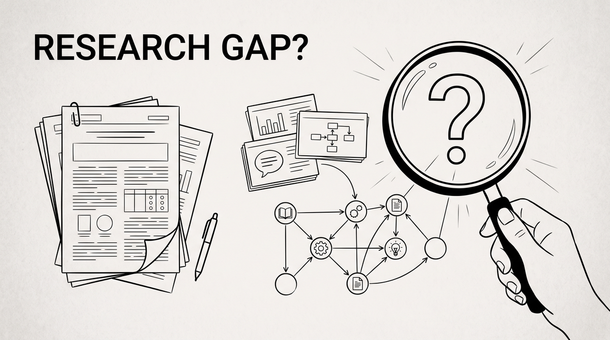 Minh họa giấy nghiên cứu, evidence graph và kính lúp kiểm tra một research gap ứng viên