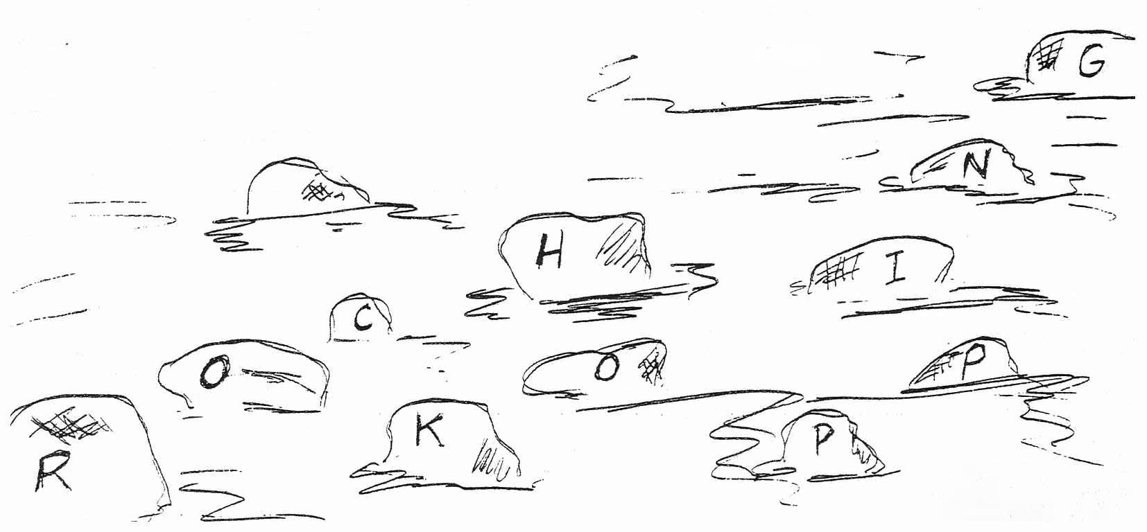 Letters on rocks in illustration: R, O, C, K, H, O, P, P, I, N, G