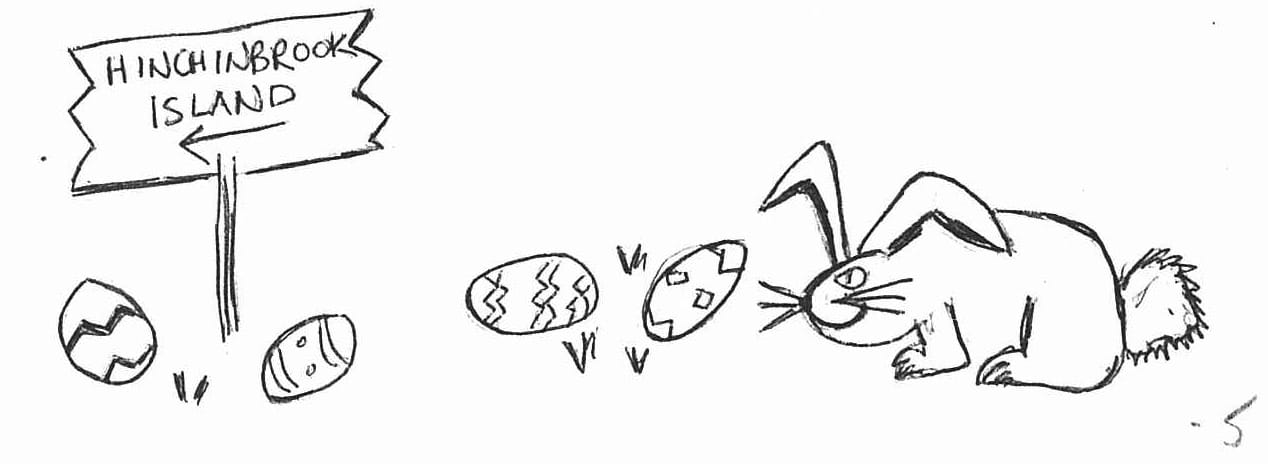Illustration of a signpost for "HINCHINBROOK ISLAND" with an arrow pointing left. Around the signpost are several decorated Easter eggs and a large Easter bunny.