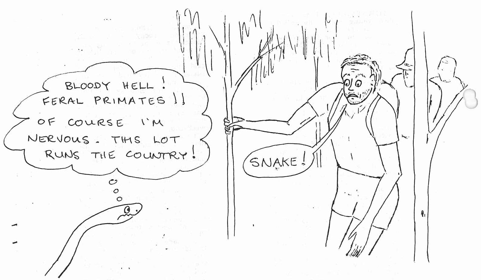 BLOODY HELL ! FERAL PRIMATES !! OF COURSE I'M NERVOUS. THIS LOT RUNS THE COUNTRY !; SNAKE !