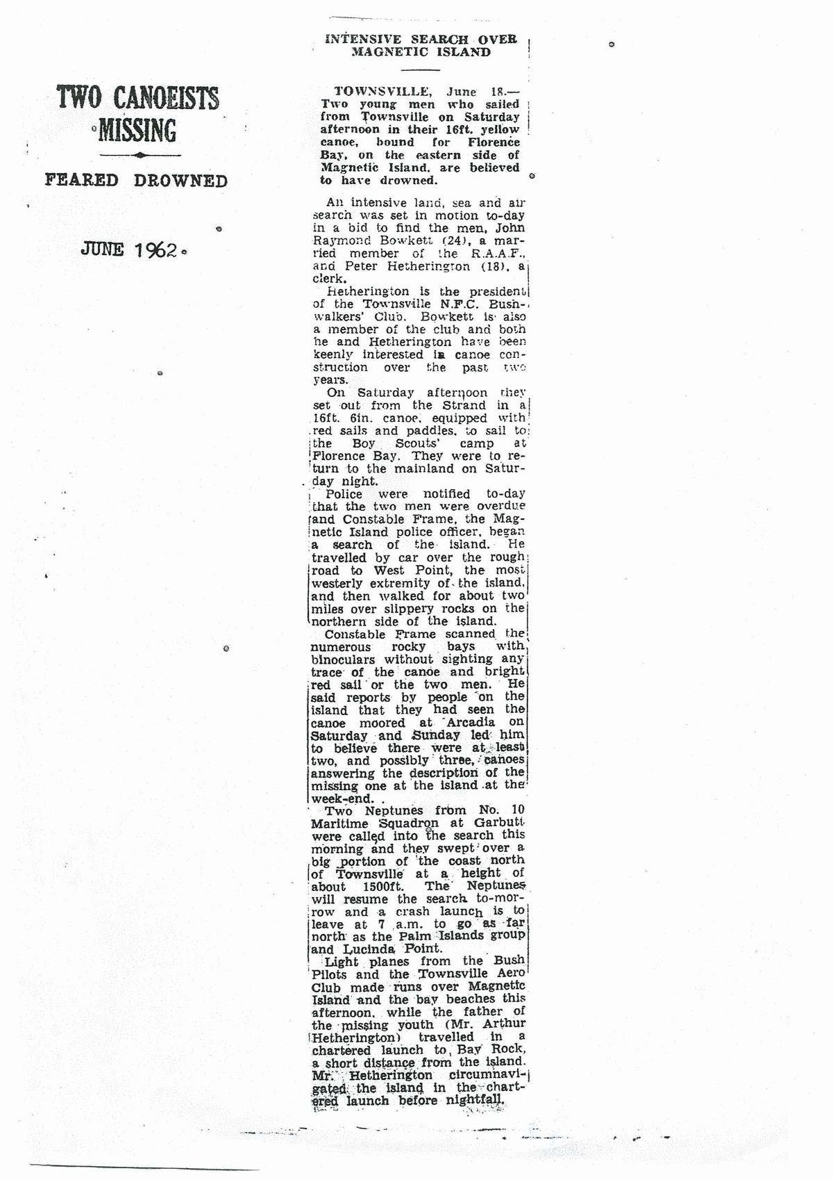 Remembering a Tragic Loss: Two Canoeists Missing off Magnetic Island (1962)