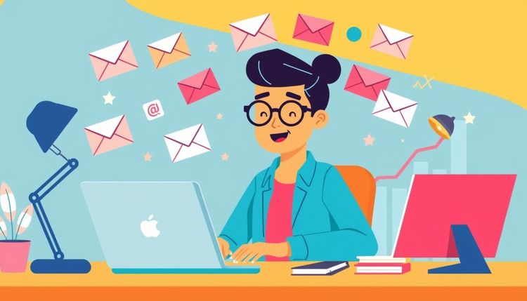  Illustration of a blogger with email growth symbols.