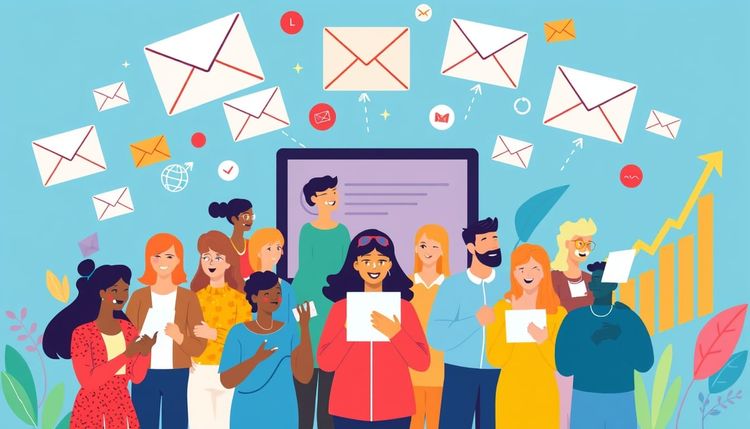 Digital art of diverse people using online ads for email growth.