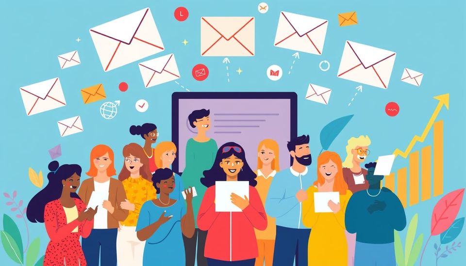 Digital art of diverse people using online ads for email growth.