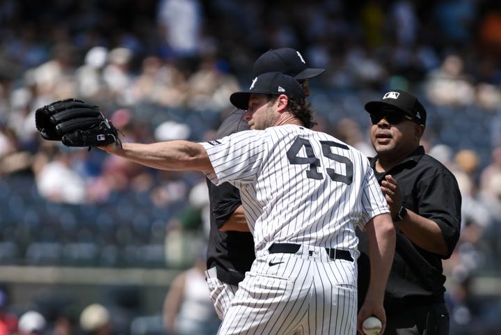 Yankees pitcher Gerrit Cole (45) reacts after being called for a balk during the sixth inning against the Pittsburgh Pirates
