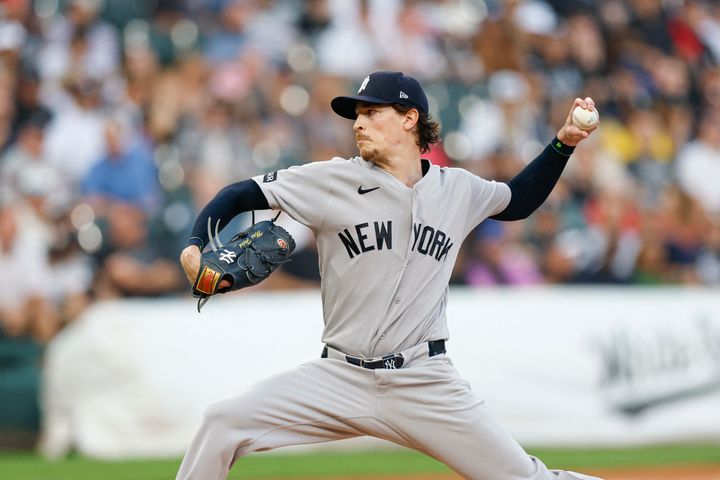 Yankees starting pitcher Max Fried (54) delivers a pitch against the Chicago White Sox during the first inning at Rate Field.