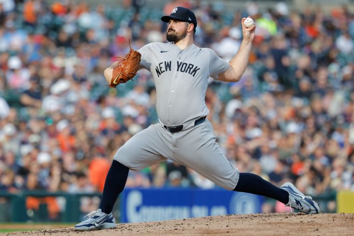 Yankees pitcher Carlos Rodon (55) pitches in the second inning against the Detroit Tigers at Comerica Park.