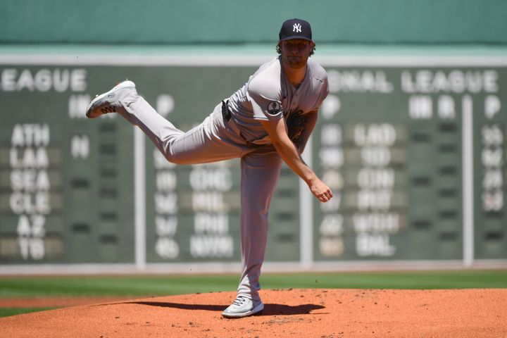 Gerrit Cole (45) pitches during the first inning against the Boston Red Sox at Fenway Park.