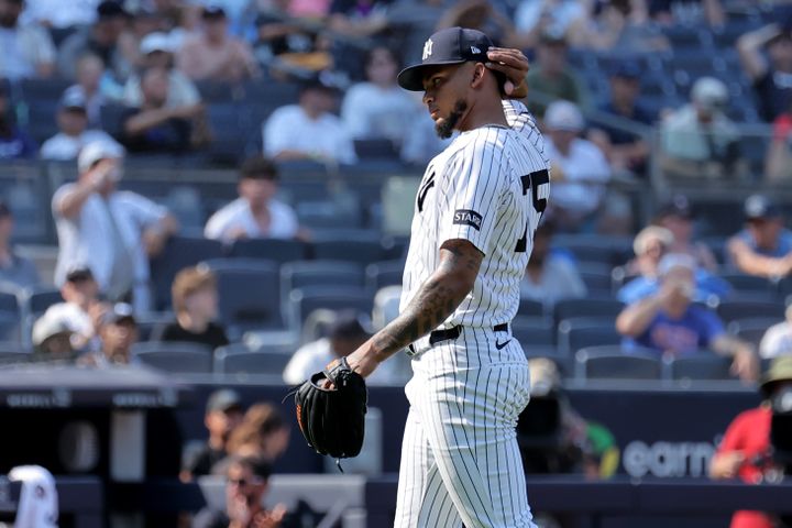 Yankees relief pitcher Camilo Doval (75) reacts during the eleventh inning against the Detroit Tigers at Yankee Stadium.