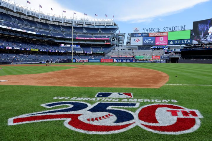 General view of Yankee Stadium before a game between the New York Yankees and Minnesota Twins. Painted on the field in foul t