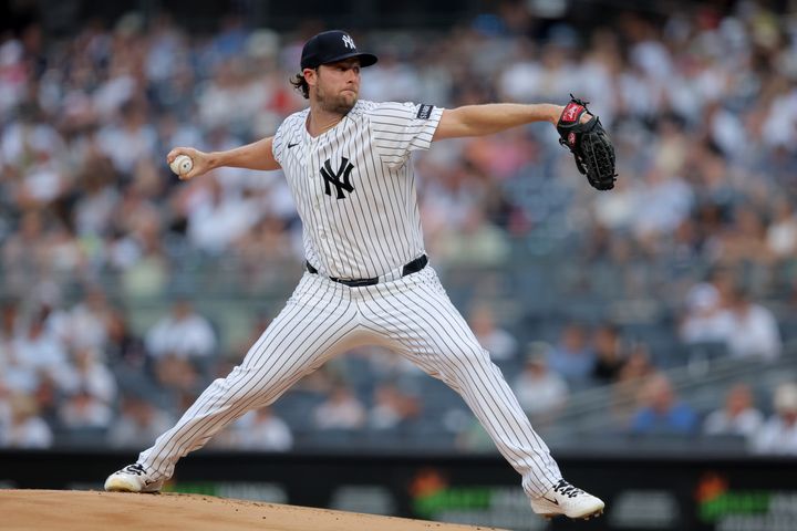 Yankees starting pitcher Gerrit Cole (45) pitches against the Minnesota Twins during the first inning at Yankee Stadium.