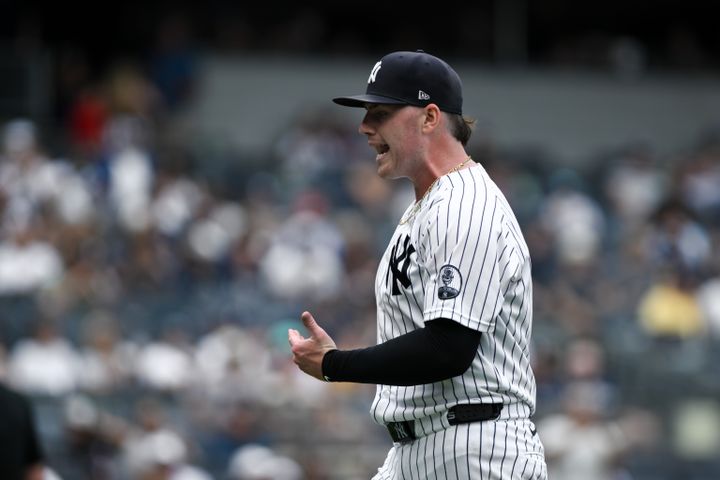 Yankees pitcher Ryan Weathers (40) reacts after pitching the first inning against the Minnesota Twins at Yankee Stadium.