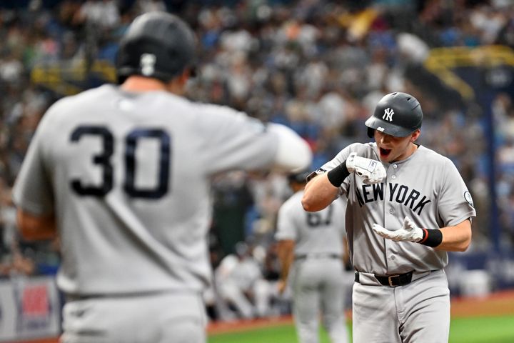 Yankees designated hitter Ben Rice (22) reacts after hitting a three-run home run in the third inning against the Tampa Bay R