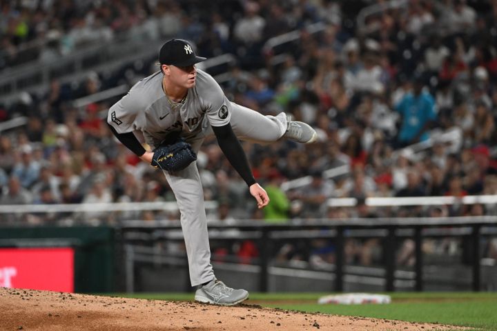 Yankees pitcher Ryan Weathers (40) throws to the Washington Nationals during the second inning at Nationals Park.