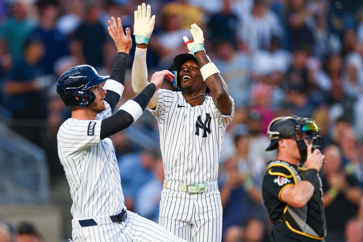 ankees second baseman Jazz Chisholm Jr. (13) celebrates after hitting a two run home run during the third inning against the