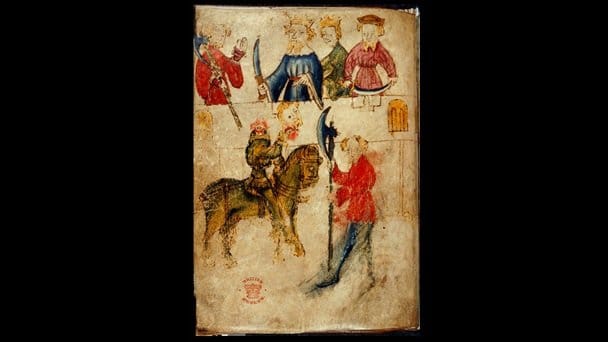an illustration of the Green Knight holding his recently decapitated head from the manuscript of Sir Gawain and the Green Knight