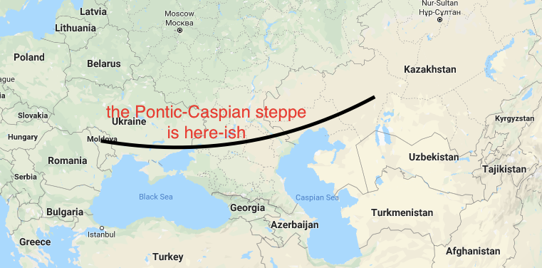 A map of Eurasia with the Pontic-Caspian steppe, stretching from Moldova to Kazakhstan, marked.