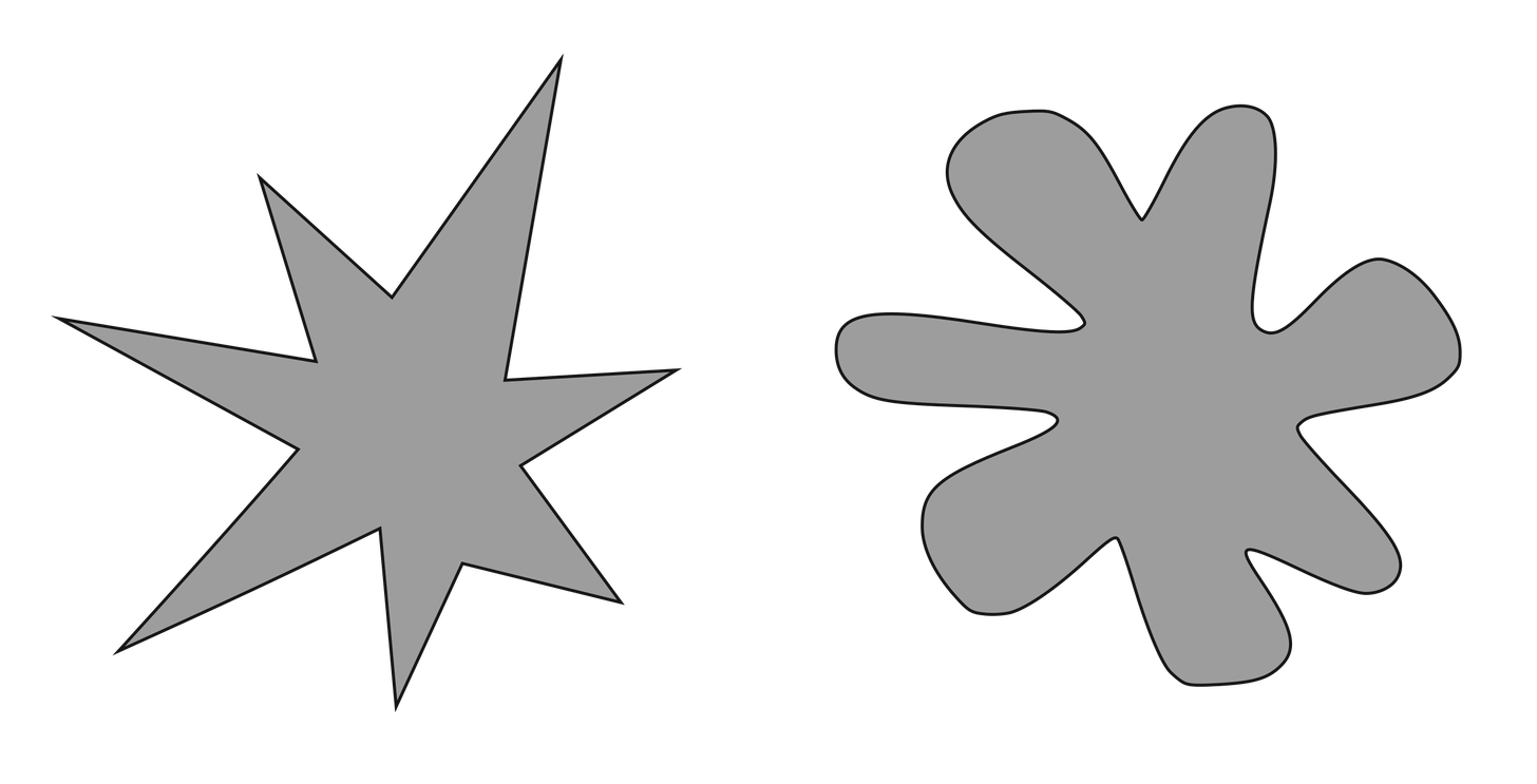 Two flat gray shapes, the left with sharp angles and points and the right with a rounded, blob shape.
