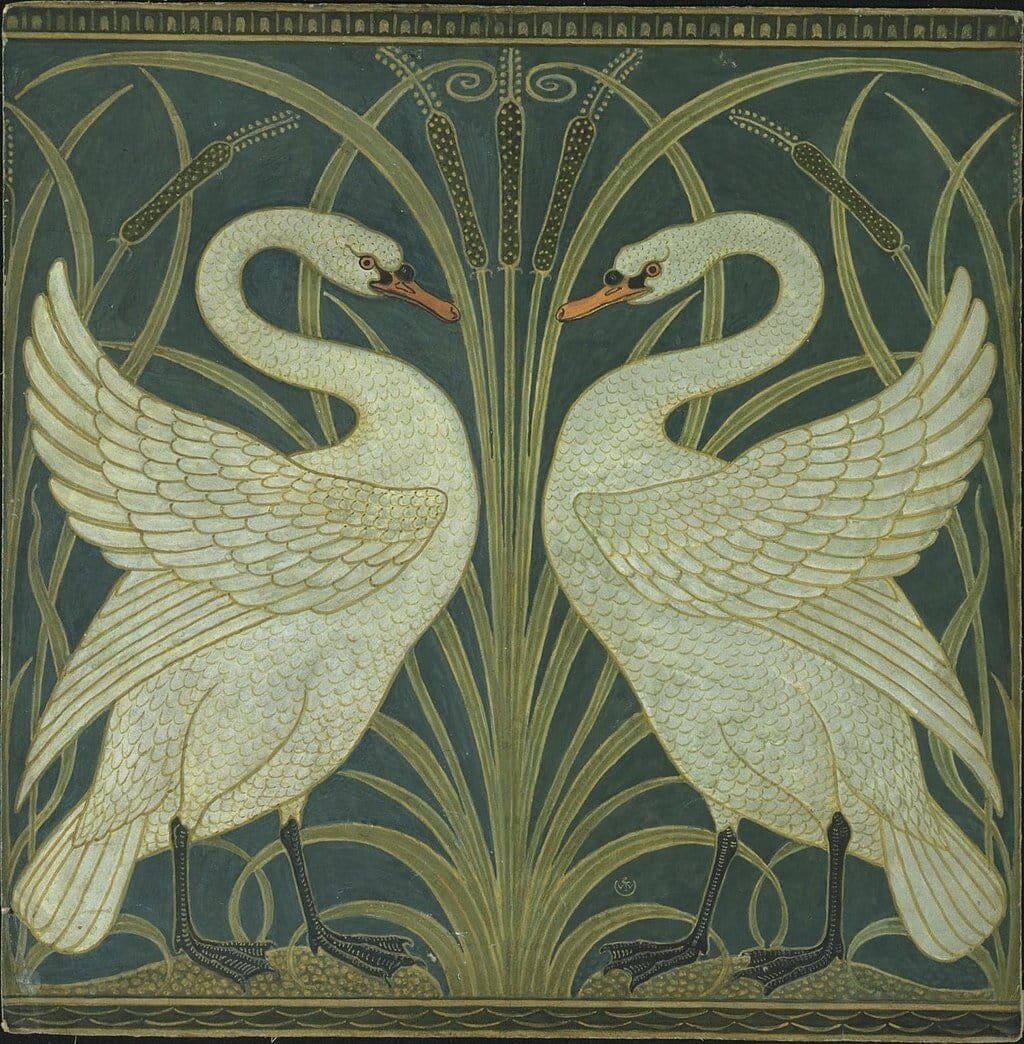 Swan, Rush, and Iris wallpaper, Walter Crane, 1875, source. Those are the faces of birds who don’t fear death.