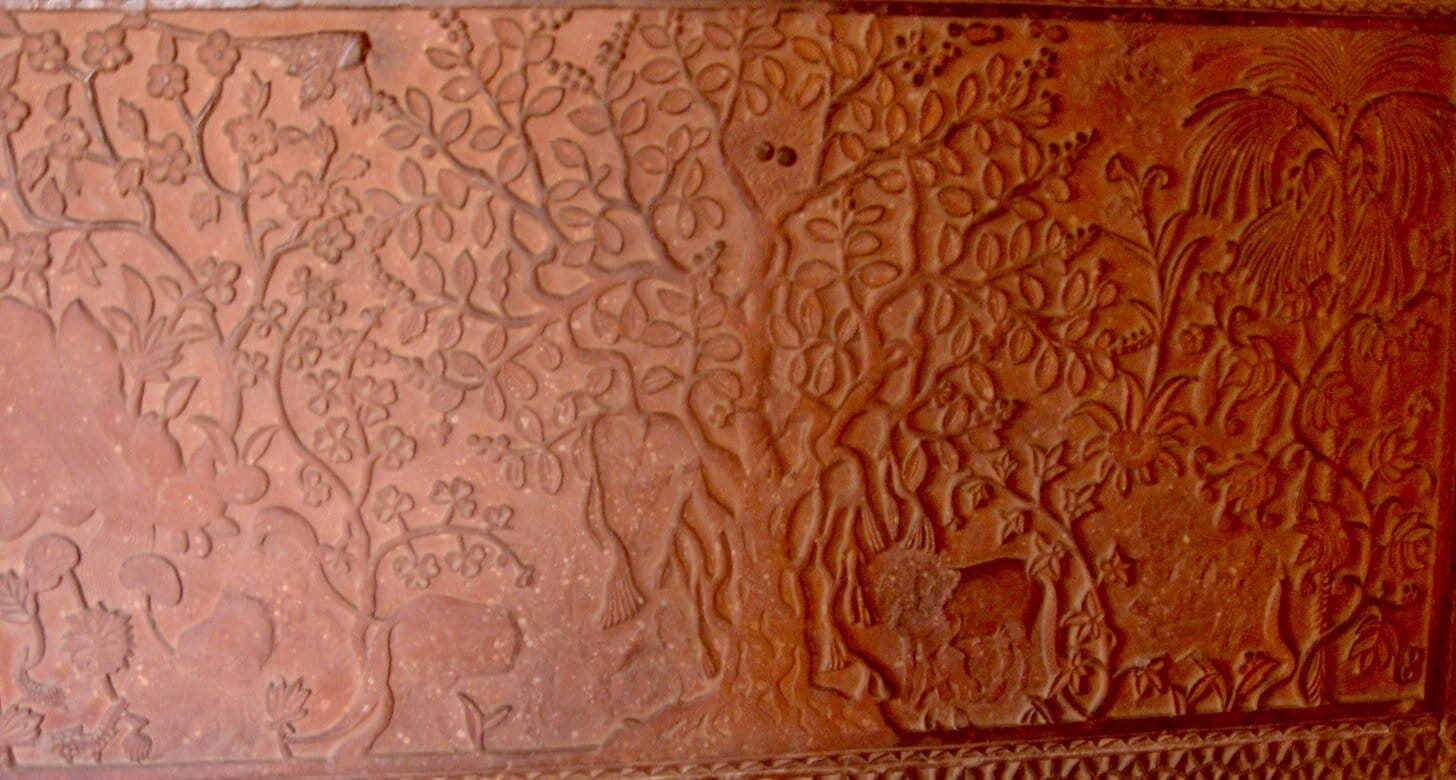 This is another photo I took in Fatehpur Sikri, a relief carving of a tree and some flowers and animals, done in red sandstone. Remember when we were allowed to go places?