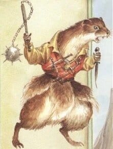 An illustration of Ferahgo the Assassin, one of many weasels in the Redwall series, sourced from this wiki. Also I loved all these books as a kid and have overcome their anti-fox and -weasel indoctrination, change is possibl…